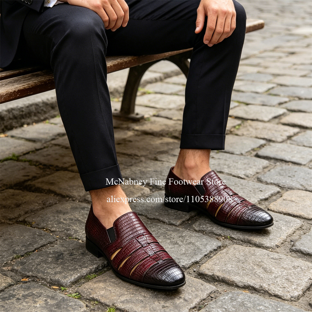 Formal Men Daily Wear Shoes - Breathable Cutout Burgundy Black Lizard Leather