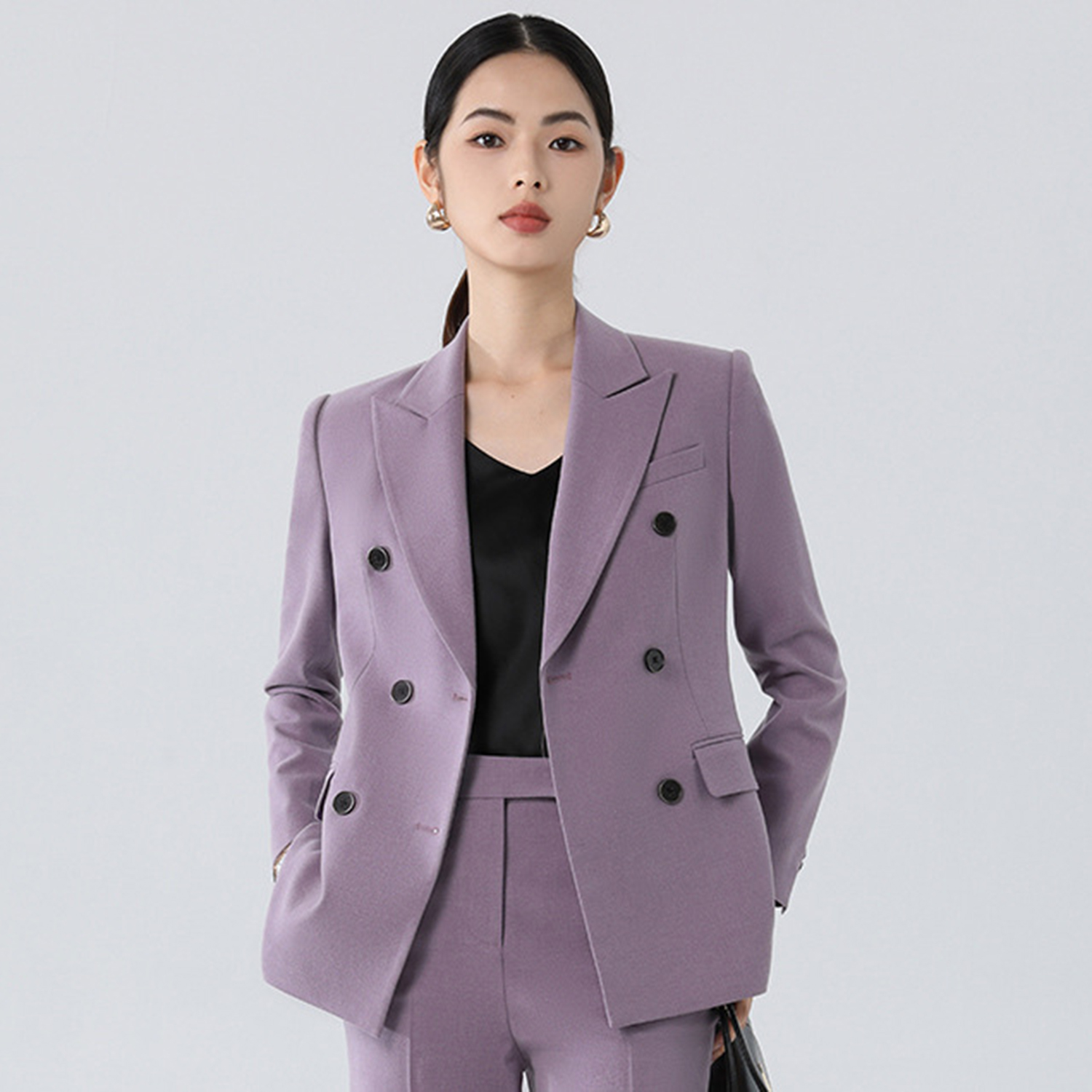 Double Breasted Blazer - Allingentle Purple Women's Suit Slim Fit